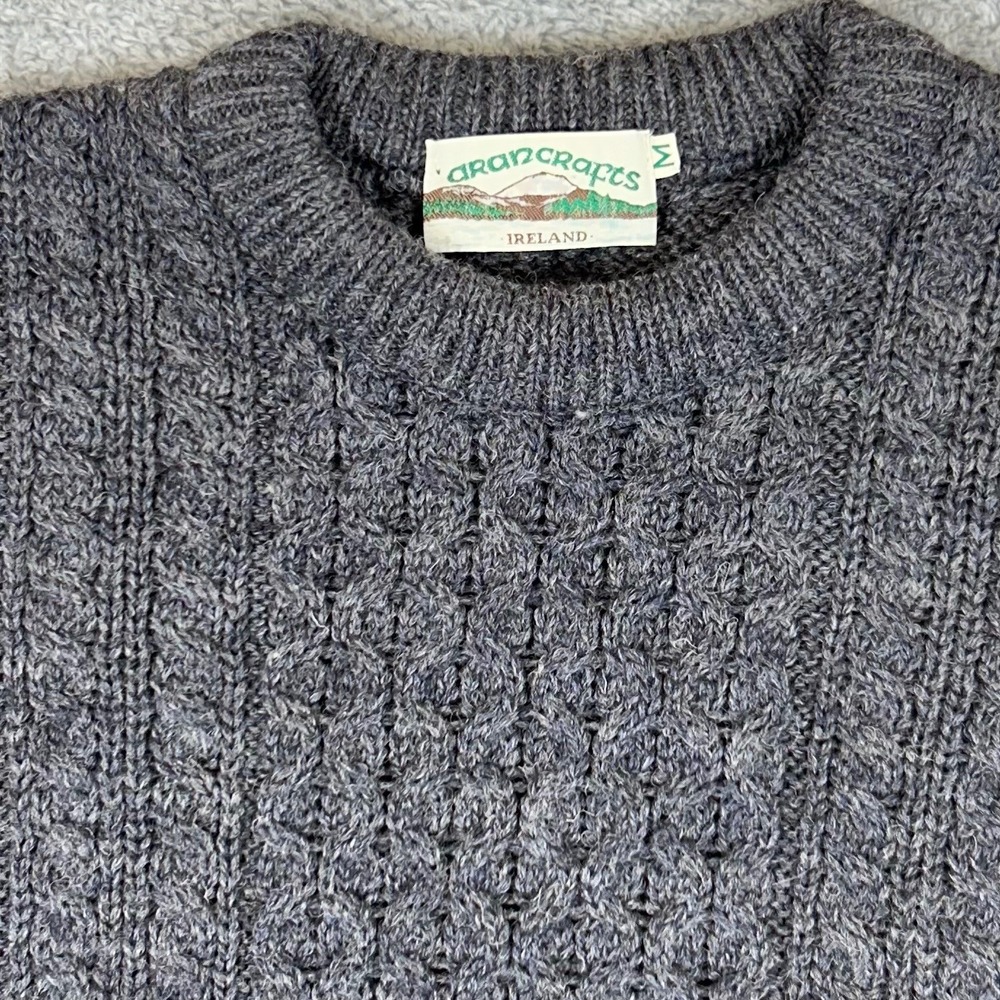 VTG 90's Aran Crafts Ireland Mens Gray 100% Wool Cable Knit Fisherman Sweater M